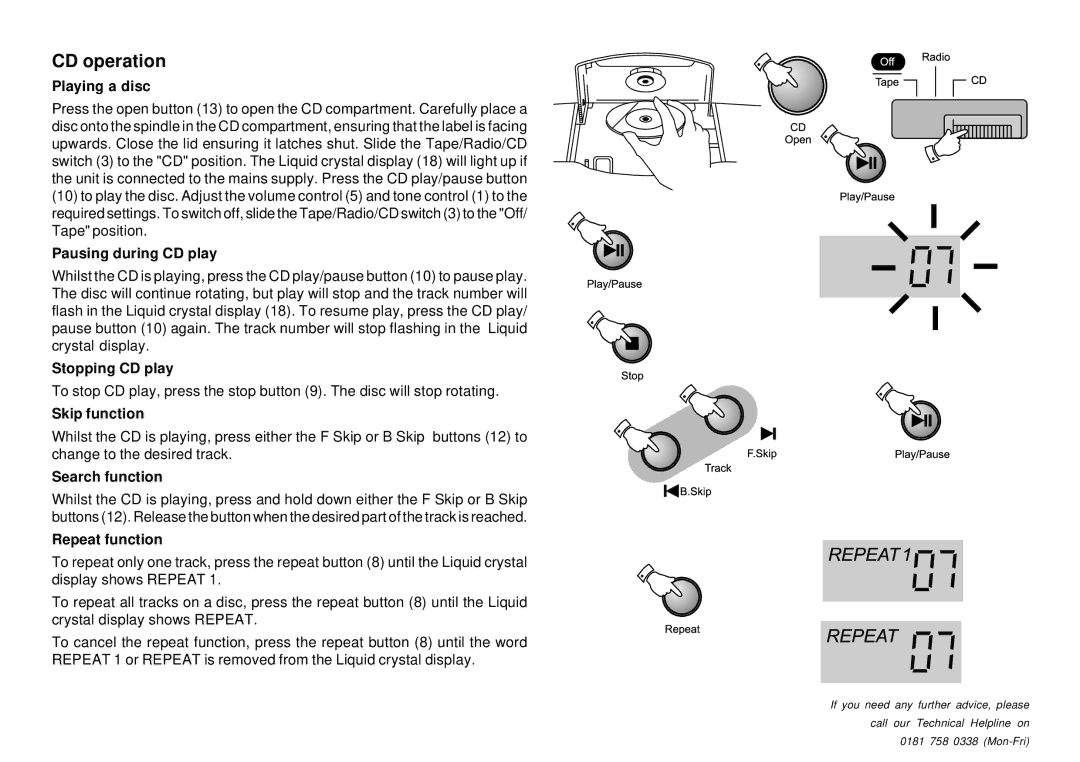 Roberts Radio CD9909 manual CD operation, Playing a disc 