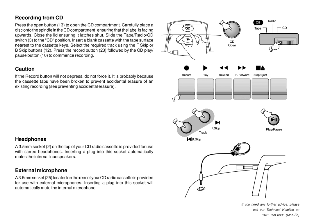 Roberts Radio CD9909 manual Recording from CD, Headphones, External microphone 