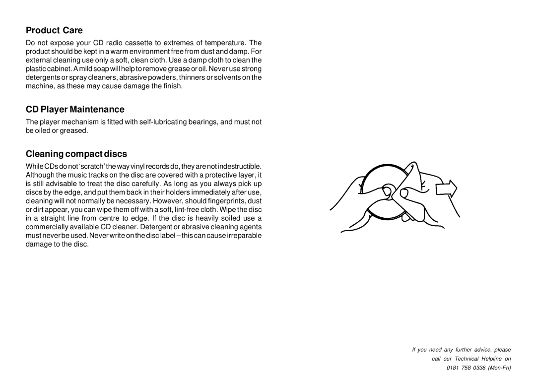 Roberts Radio CD9909 manual Product Care, CD Player Maintenance, Cleaning compact discs 