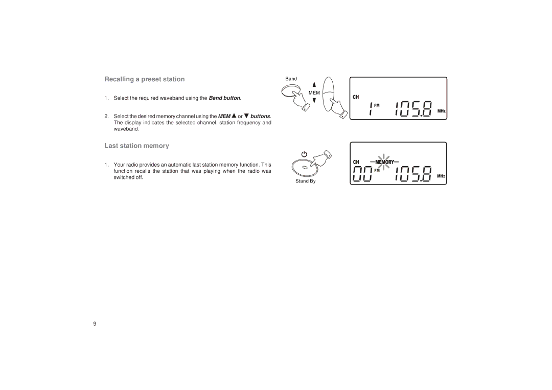 Roberts Radio CD9912 manual Recalling a preset station, Last station memory 