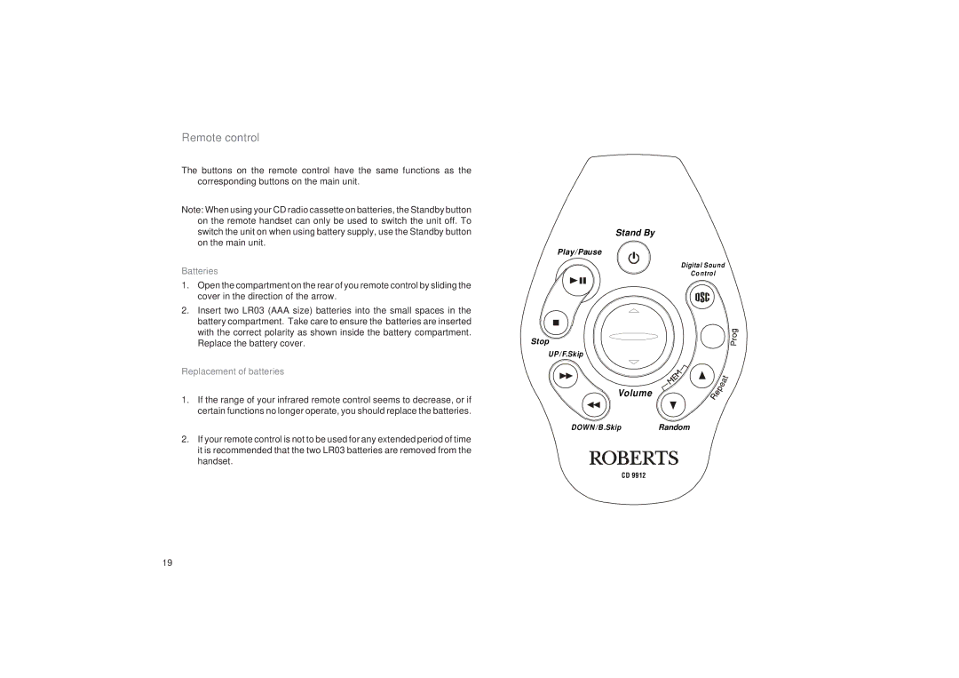 Roberts Radio CD9912 manual Remote control, Batteries 