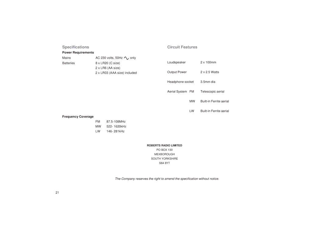 Roberts Radio CD9912 manual Specifications, Circuit Features 