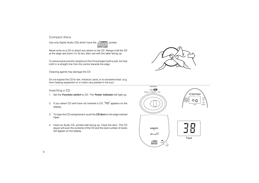 Roberts Radio CD9913 manual Compact discs, Inserting a CD 