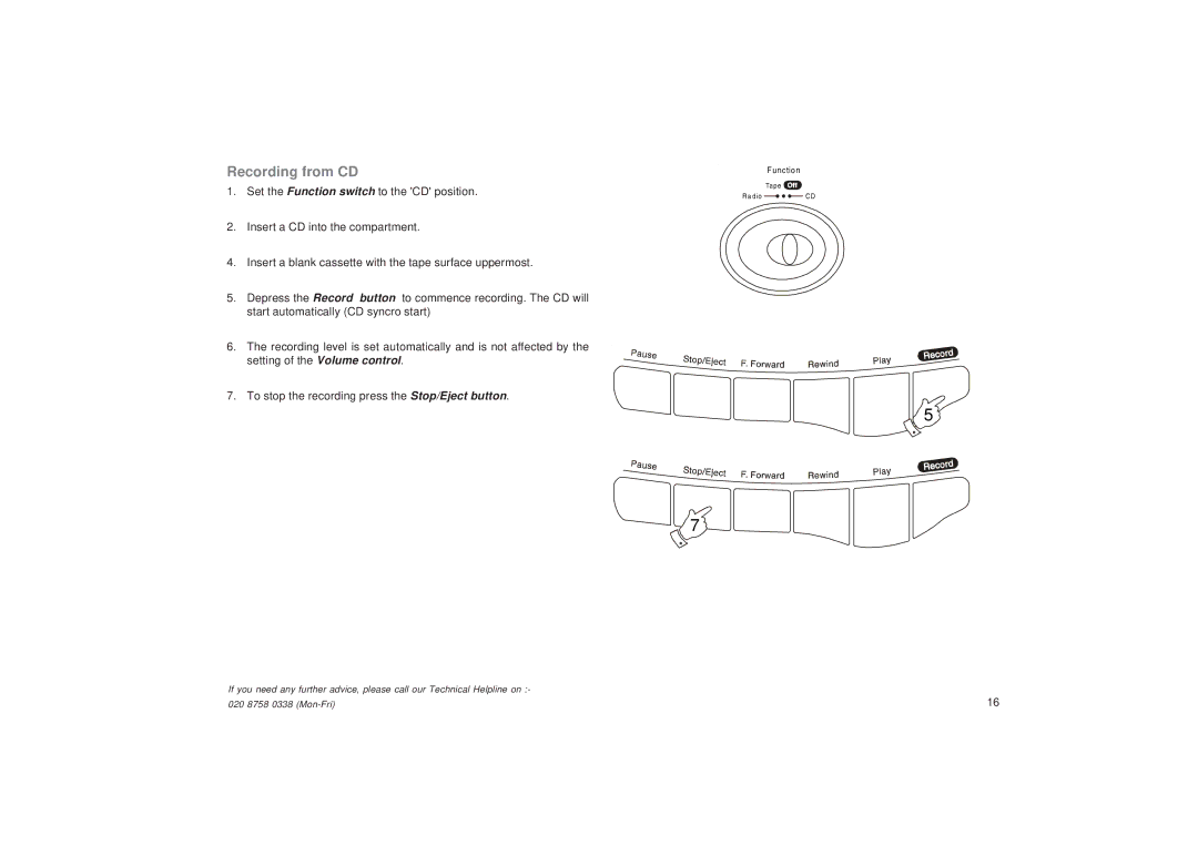 Roberts Radio CD9913 manual Recording from CD 