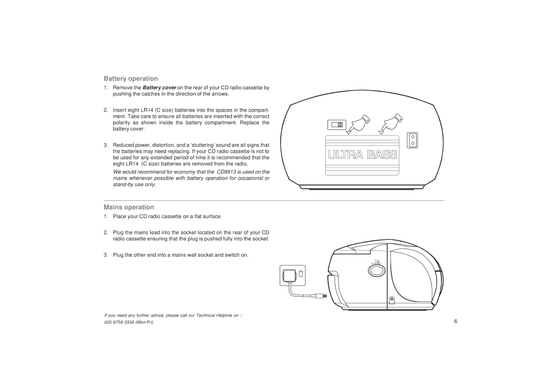 Roberts Radio CD9913 manual Battery operation, Mains operation 