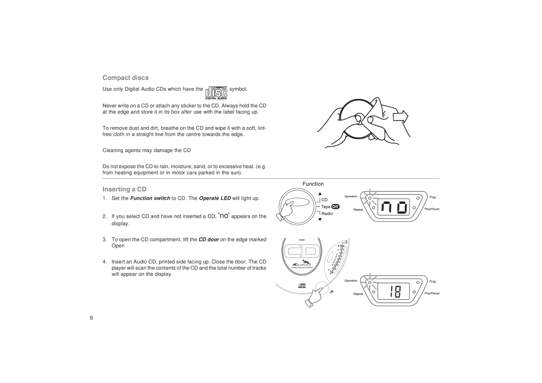 Roberts Radio CD9925 manual Compact discs, Inserting a CD 