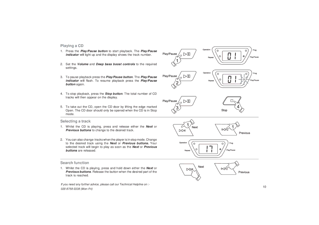 Roberts Radio CD9925 manual Playing a CD, Selecting a track, Search function 