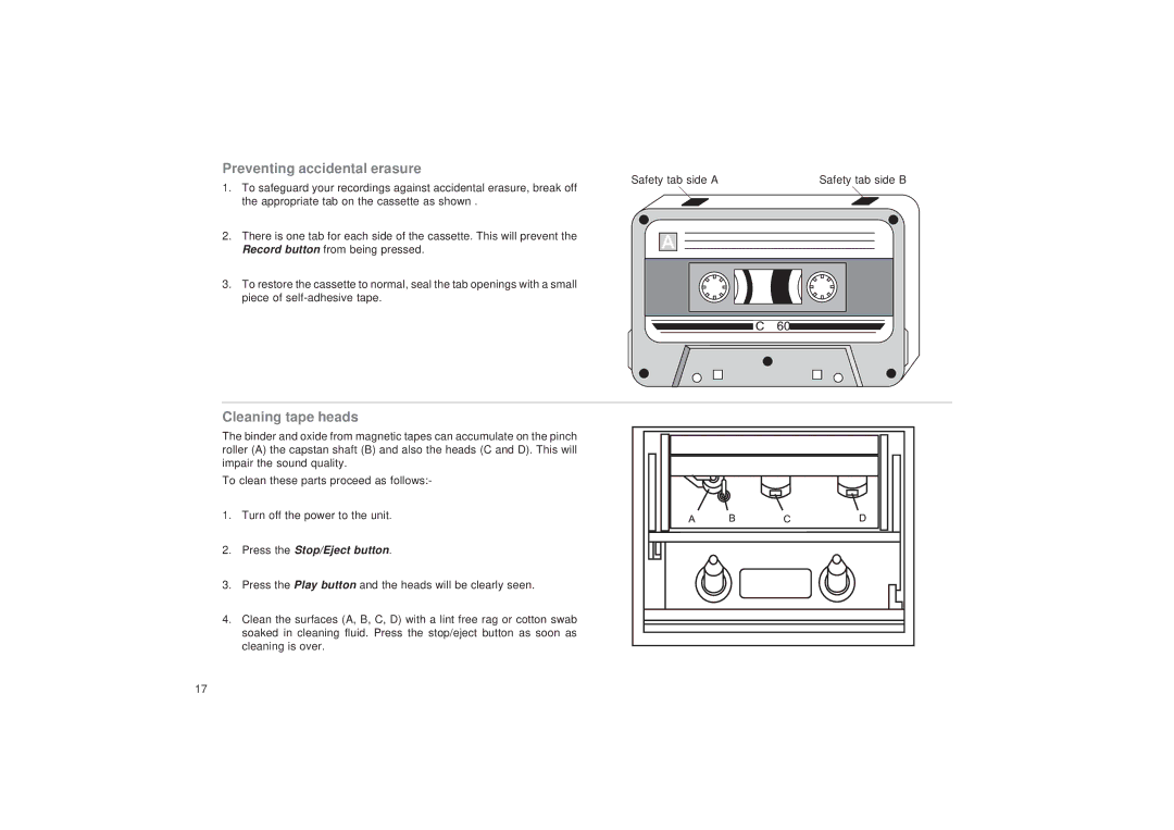 Roberts Radio CD9925 manual Preventing accidental erasure, Cleaning tape heads 