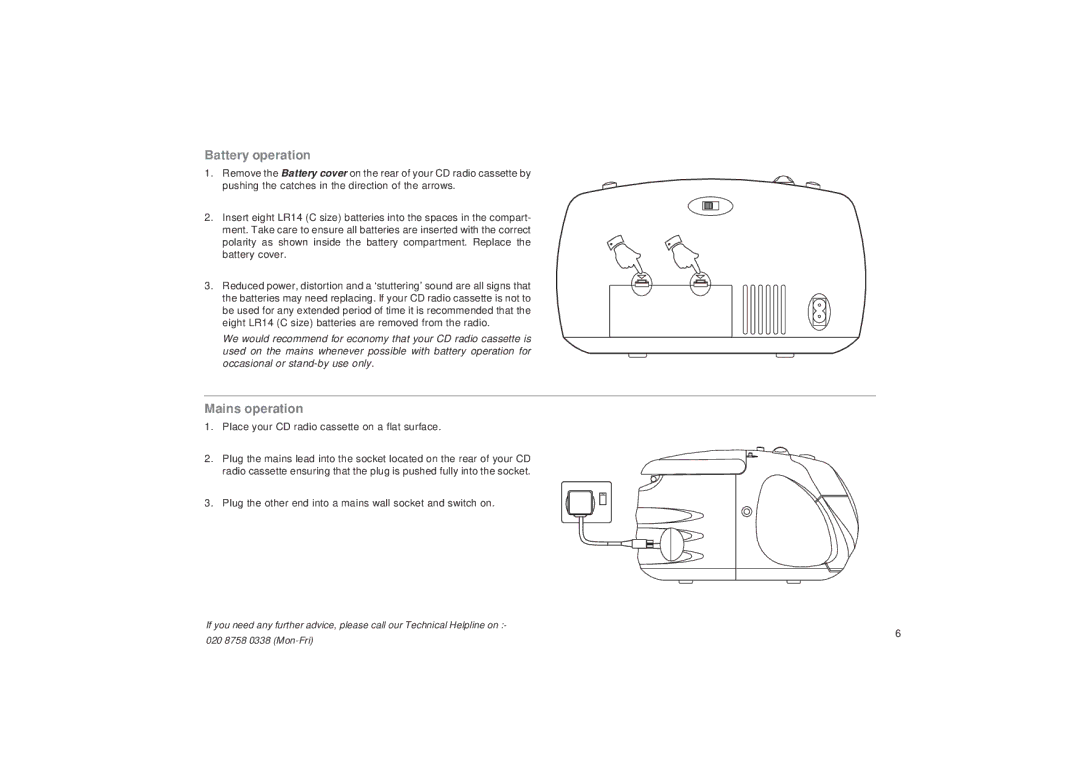 Roberts Radio CD9925 manual Battery operation, Mains operation 