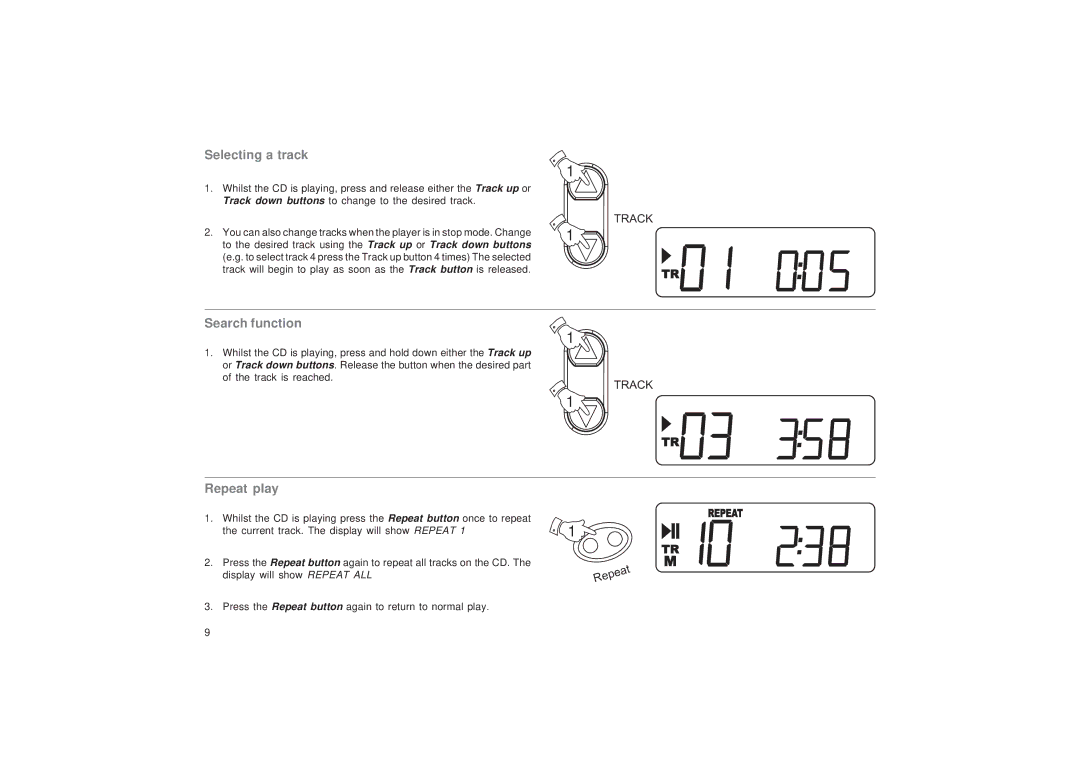 Roberts Radio CD9949 manual Selecting a track, Search function, Repeat play 