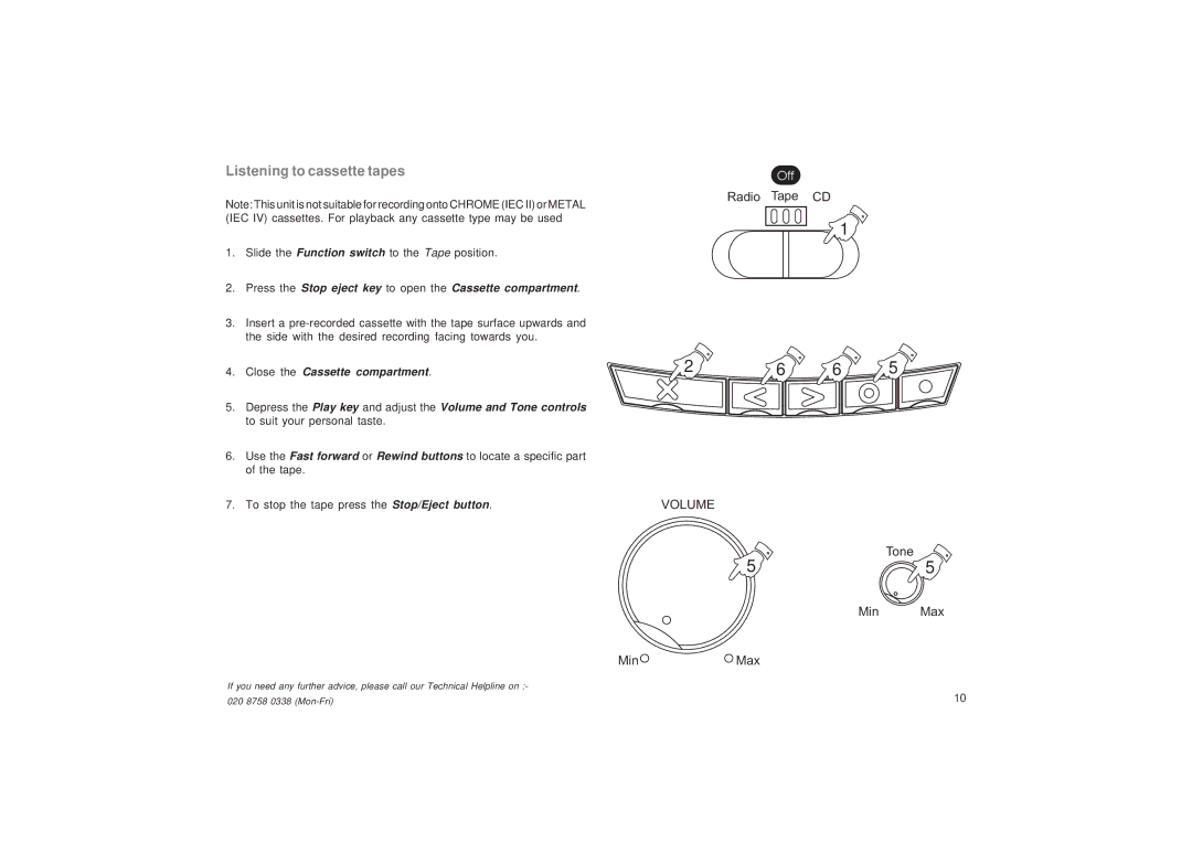 Roberts Radio CD9949 manual Listening to cassette tapes, Press the Stop eject key to open the Cassette compartment 