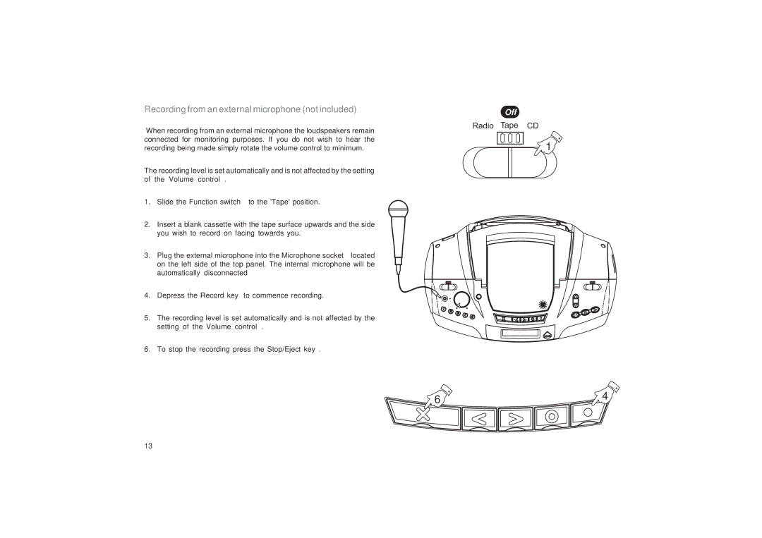 Roberts Radio CD9949 manual Recording from an external microphone not included 