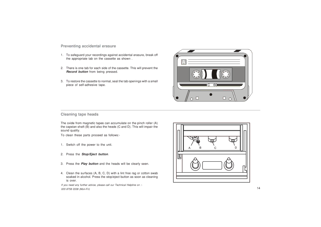 Roberts Radio CD9949 manual Preventing accidental erasure, Cleaning tape heads 