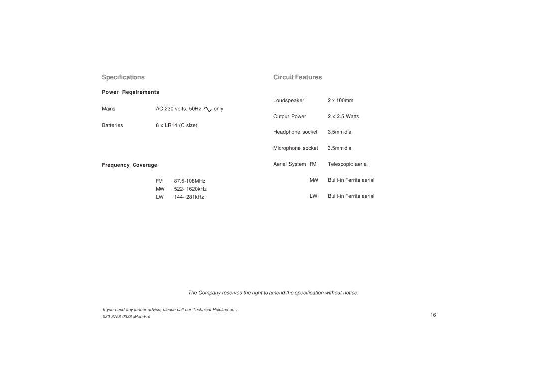 Roberts Radio CD9949 manual Specifications, Circuit Features 