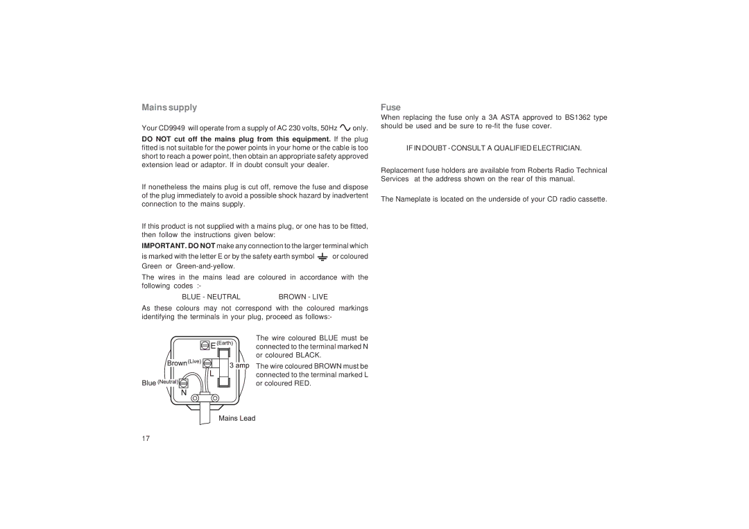 Roberts Radio CD9949 manual Mains supply, Fuse 