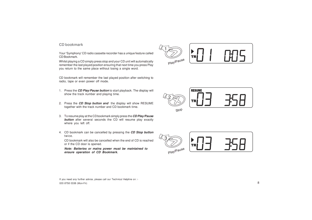 Roberts Radio CD9949 manual Stop Play/Pause, CD bookmark 