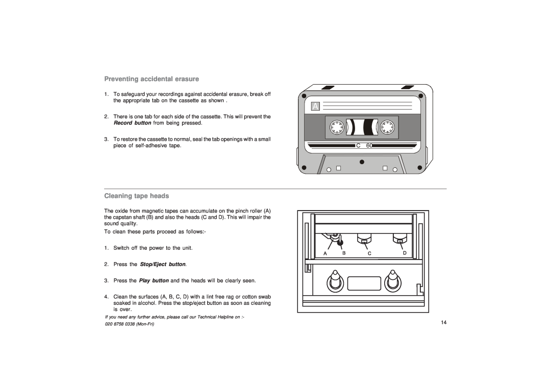 Roberts Radio CD9949 manual Preventing accidental erasure, Cleaning tape heads, Press the Stop/Eject button 