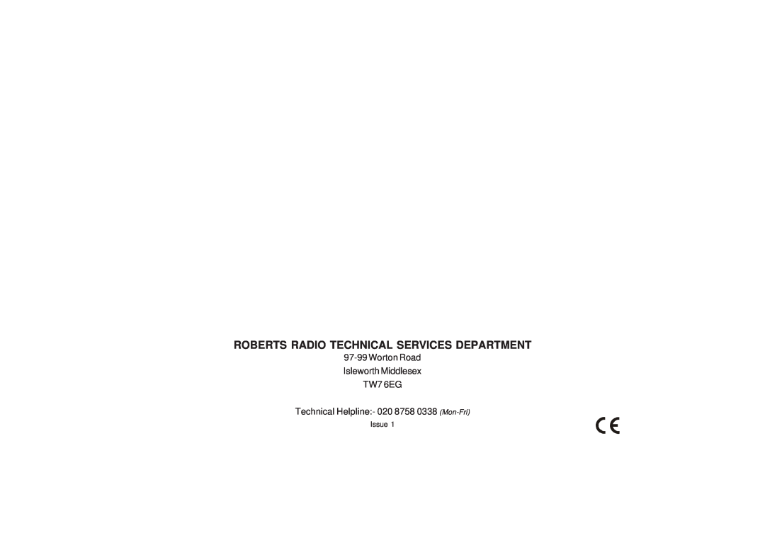 Roberts Radio CD9949 manual 97-99Worton Road Isleworth Middlesex TW7 6EG, Technical Helpline - 020 8758 0338 Mon-Fri 