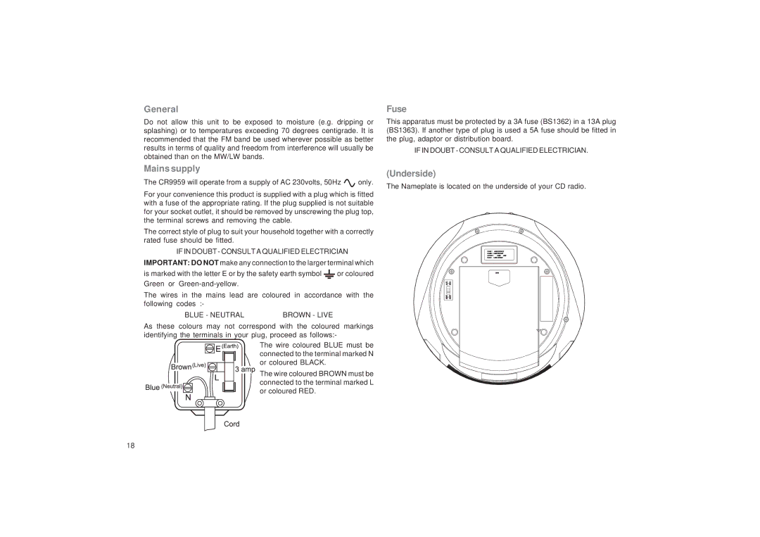 Roberts Radio CD9959 manual General, Mains supply, Fuse, Underside 