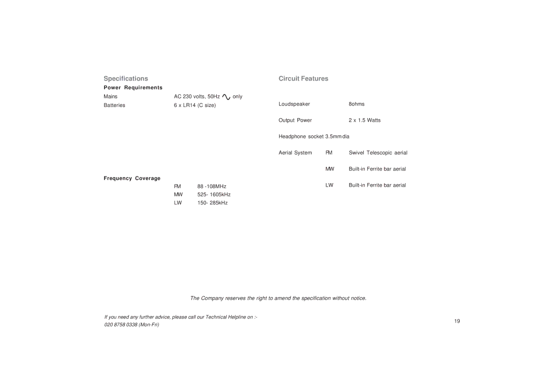 Roberts Radio CD9959 manual Specifications, Circuit Features 