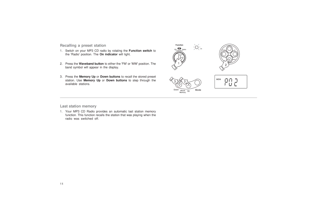 Roberts Radio CD9989 manual Recalling a preset station, Last station memory 