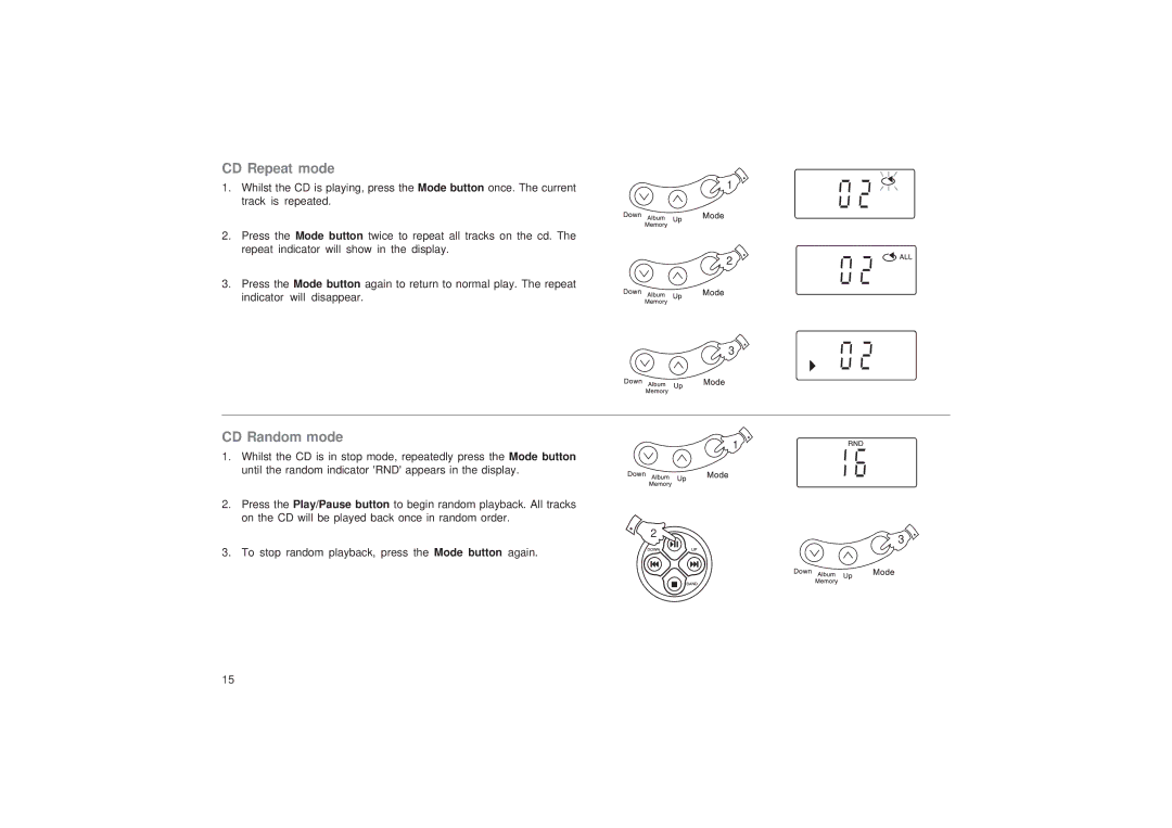 Roberts Radio CD9989 manual CD Repeat mode, CD Random mode 