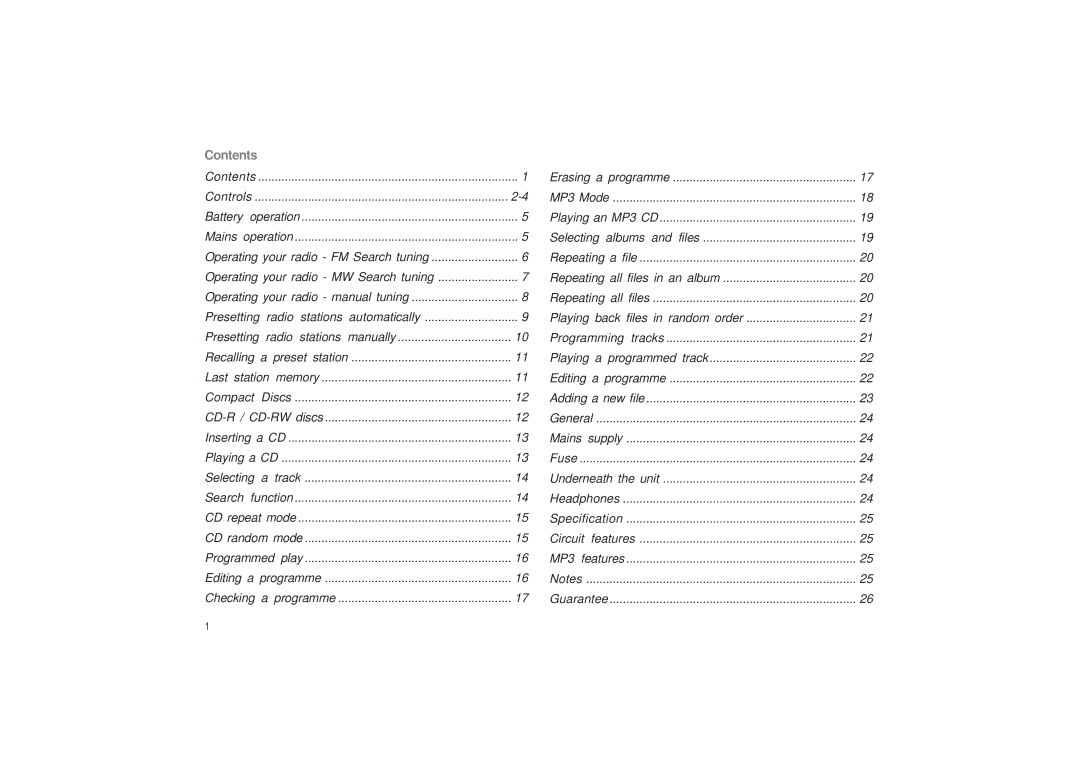 Roberts Radio CD9989 manual Contents 