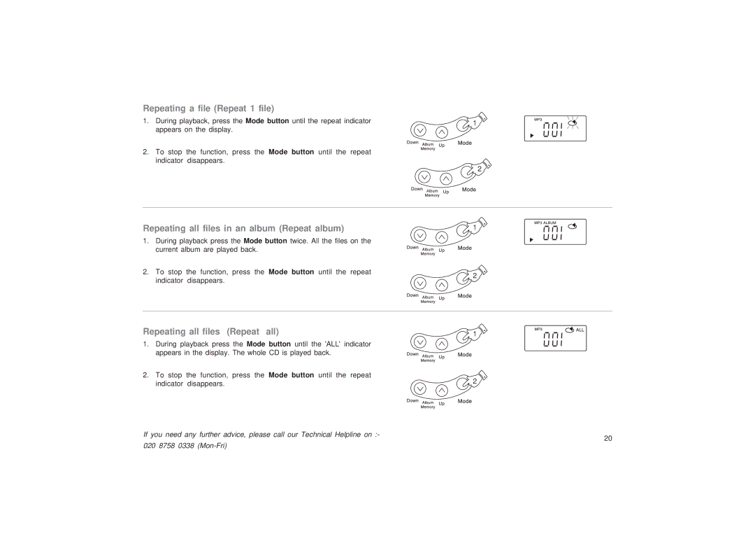 Roberts Radio CD9989 manual Repeating a file Repeat 1 file, Repeating all files in an album Repeat album 