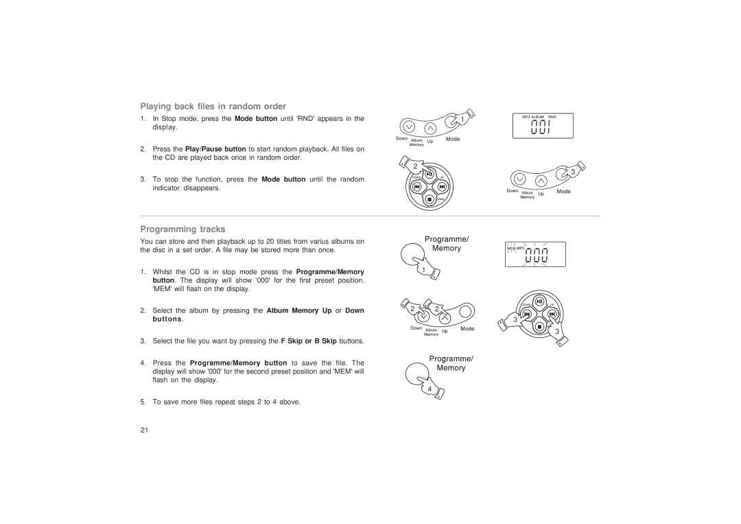 Roberts Radio CD9989 manual Playing back files in random order, Programming tracks 