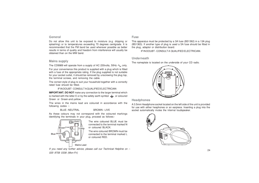 Roberts Radio CD9989 manual General, Fuse, Mains supply, Underneath, Headphones 