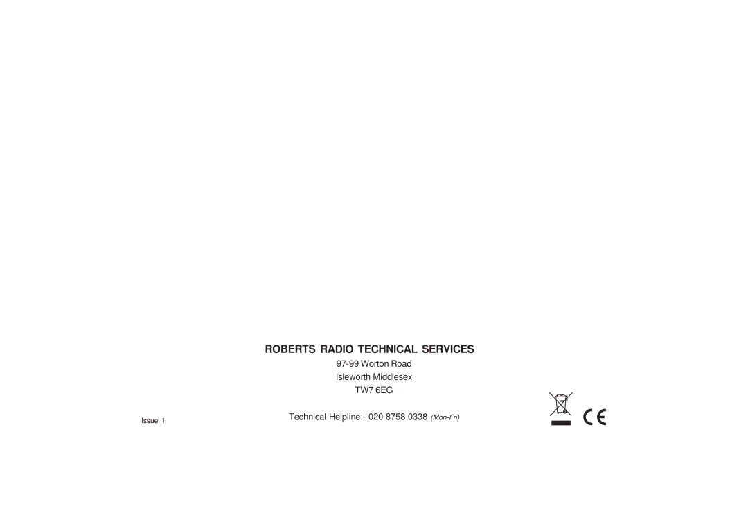 Roberts Radio CD9989 manual Roberts Radio Technical Services 