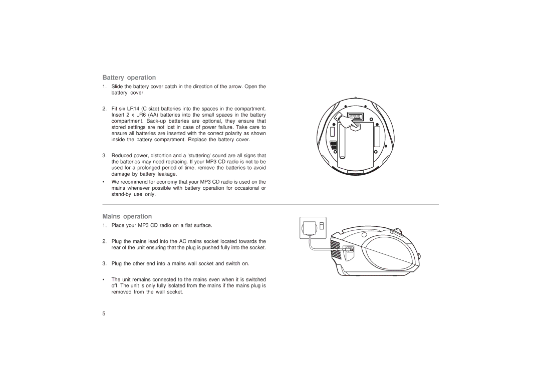 Roberts Radio CD9989 manual Battery operation, Mains operation 