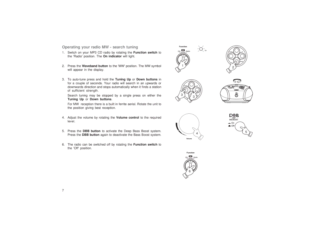 Roberts Radio CD9989 manual Operating your radio MW search tuning 