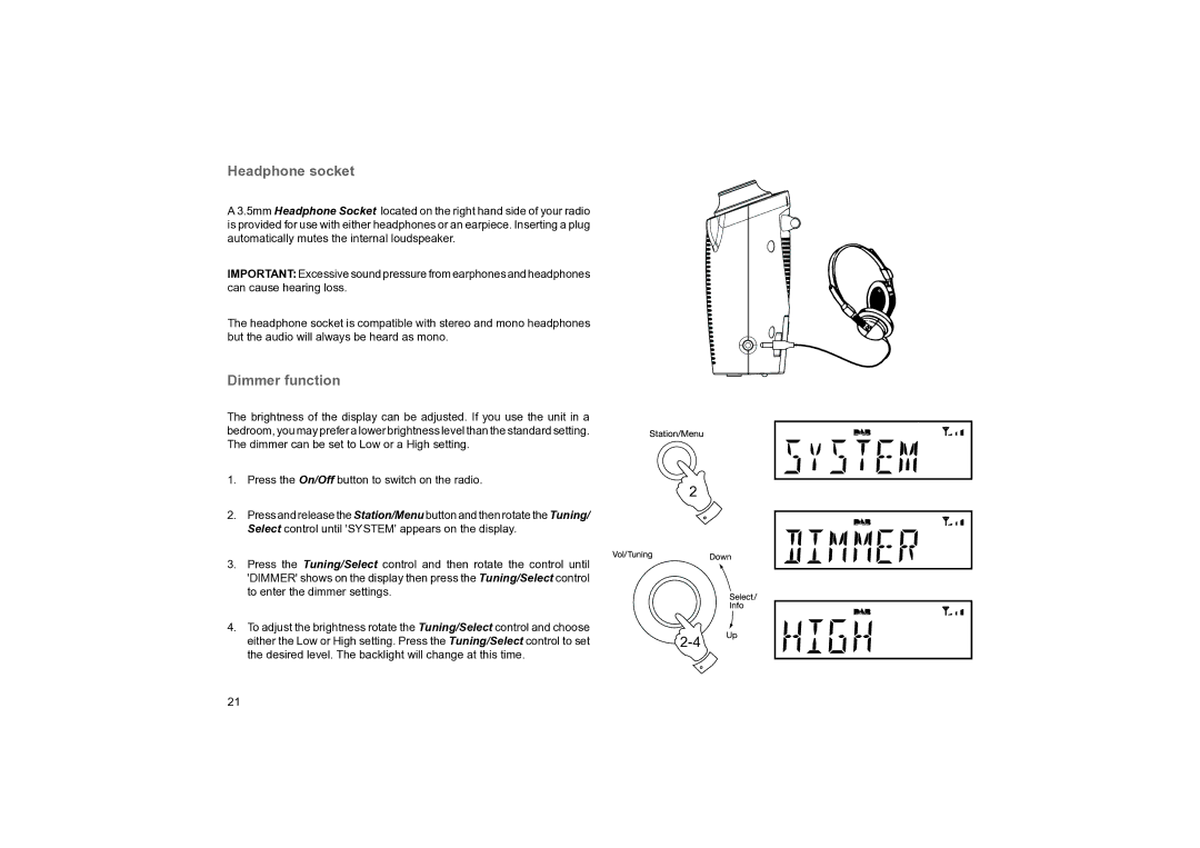 Roberts Radio Classic DAB manual Headphone socket, Dimmer function 