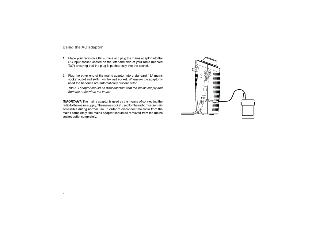 Roberts Radio Classic DAB manual Using the AC adaptor 