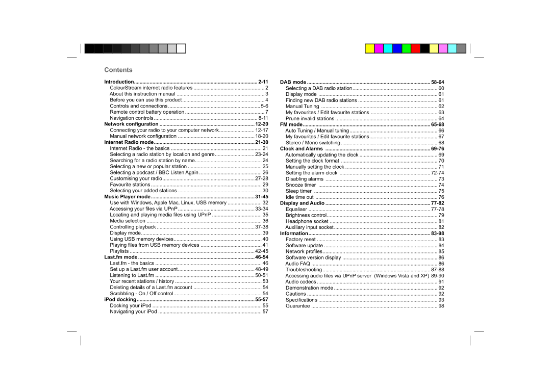 Roberts Radio ColourStream manual Contents 