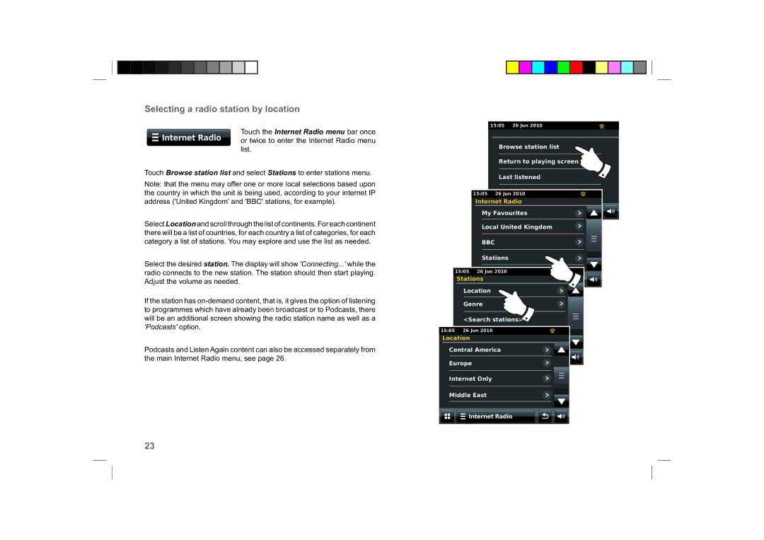 Roberts Radio ColourStream manual Selecting a radio station by location, Touch the Internet Radio menu bar once 