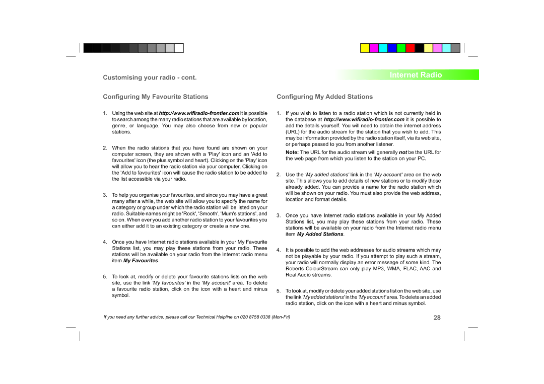 Roberts Radio ColourStream manual Customising your radio Conﬁguring My Favourite Stations, Conﬁguring My Added Stations 