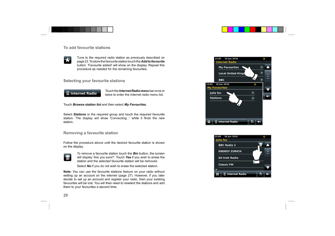 Roberts Radio ColourStream To add favourite stations, Selecting your favourite stations, Removing a favourite station 