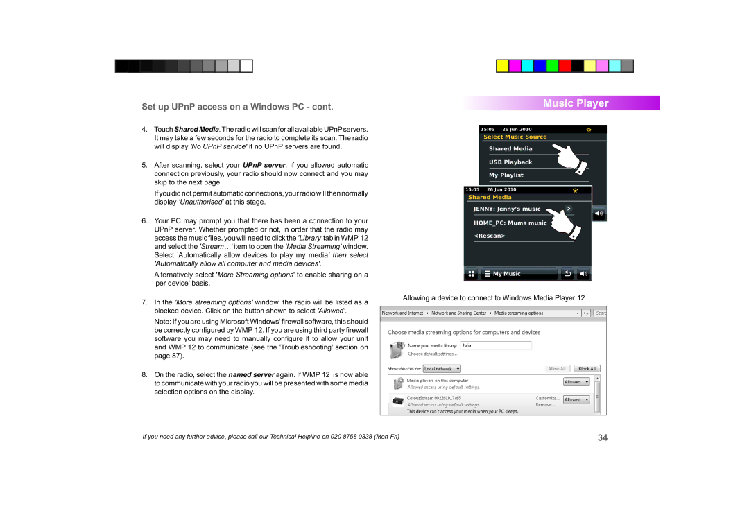 Roberts Radio ColourStream manual Set up UPnP access on a Windows PC, Allowing a device to connect to Windows Media Player 