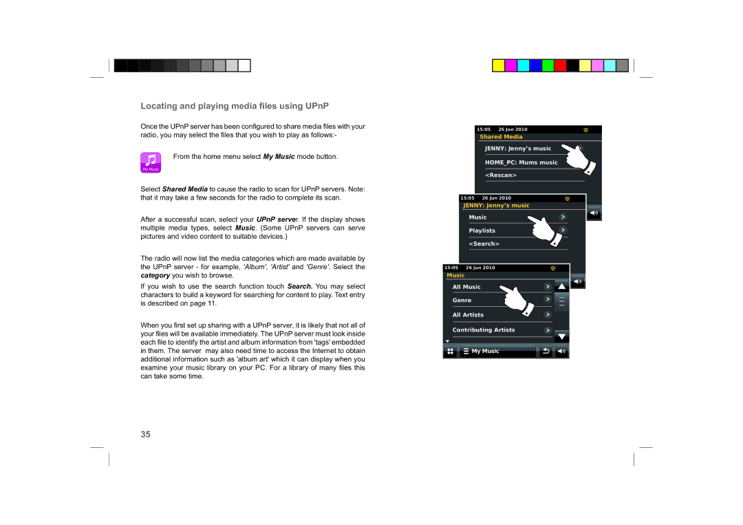 Roberts Radio ColourStream manual Locating and playing media ﬁles using UPnP 