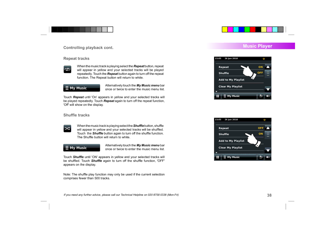 Roberts Radio ColourStream manual Controlling playback Repeat tracks, Shufﬂe tracks 