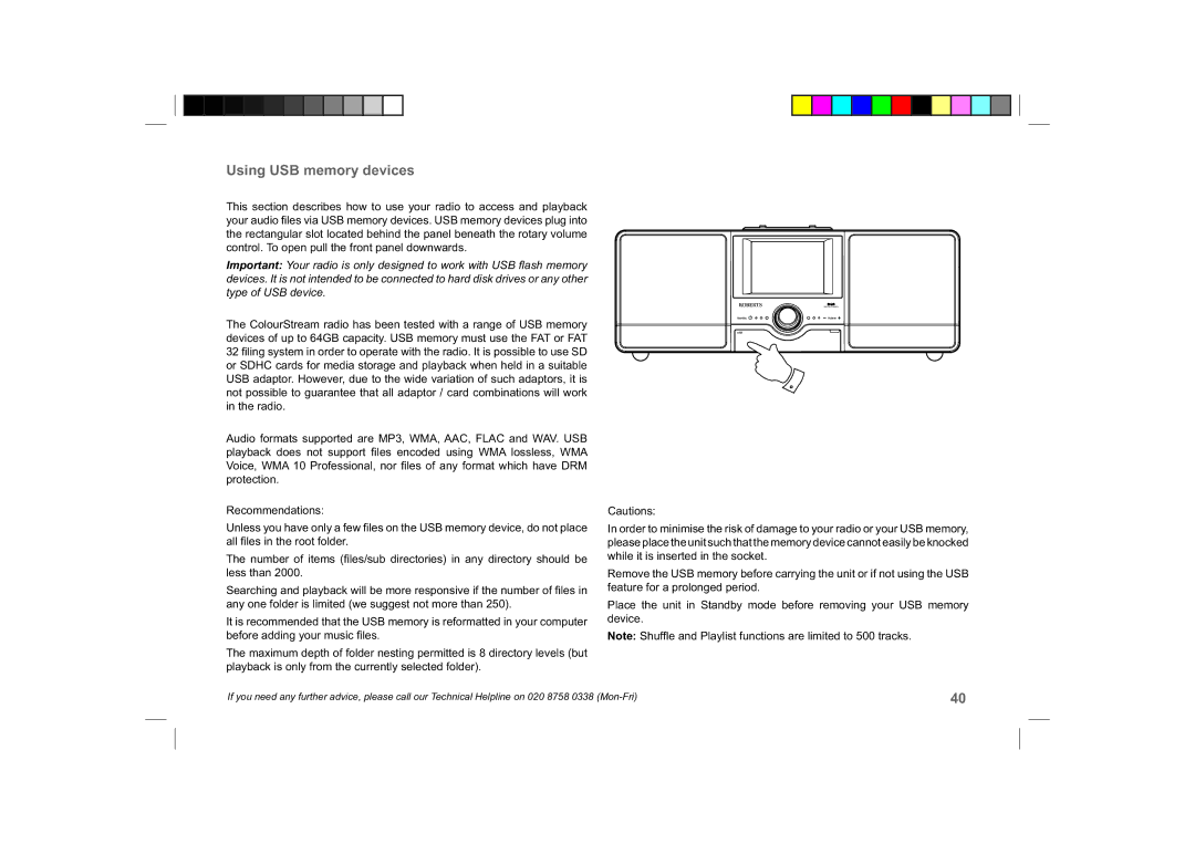 Roberts Radio ColourStream manual Using USB memory devices 