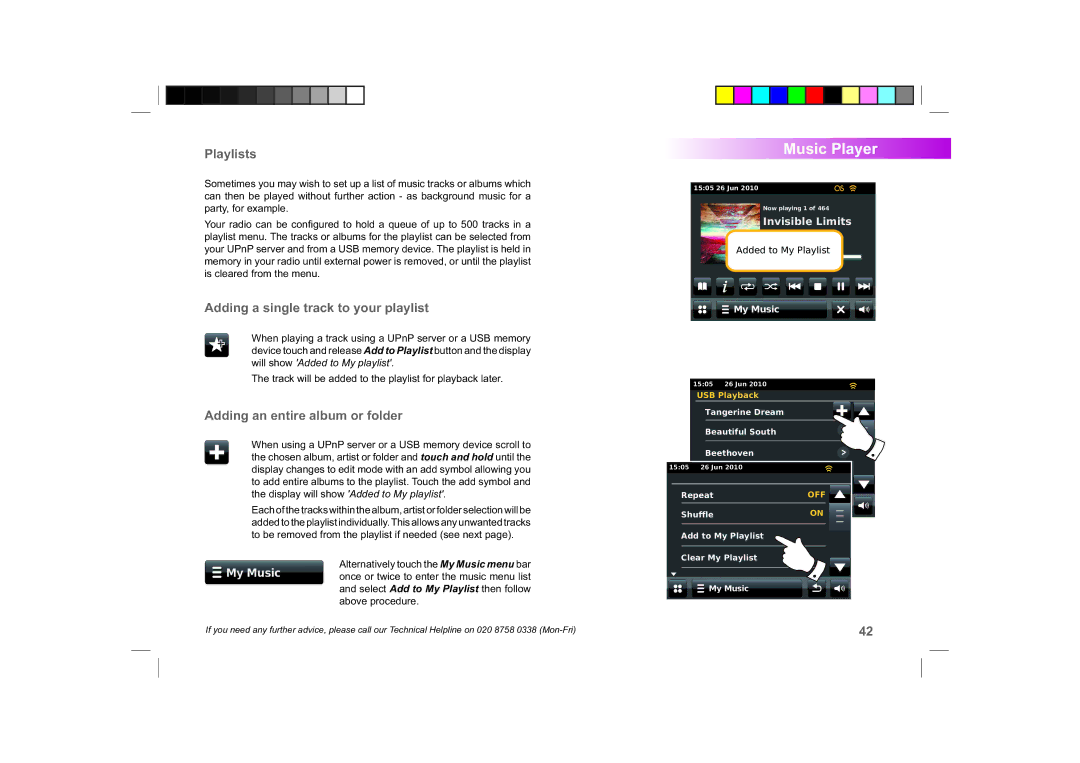 Roberts Radio ColourStream manual Playlists, Adding a single track to your playlist, Adding an entire album or folder 