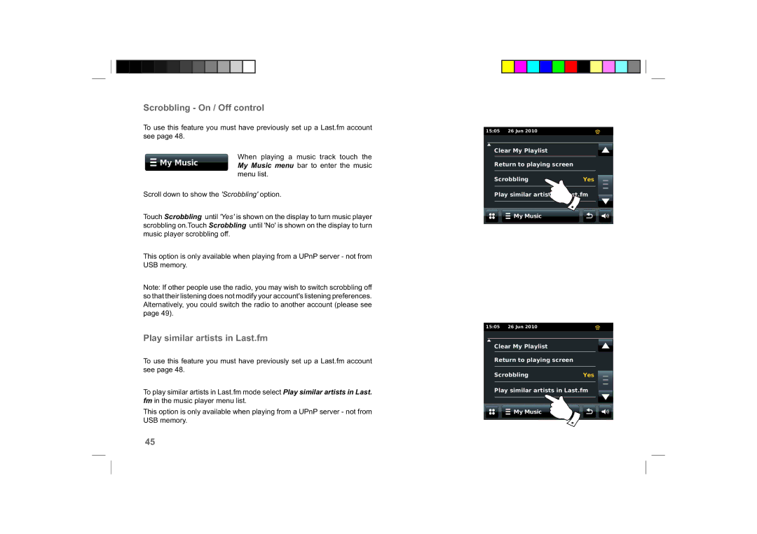 Roberts Radio ColourStream manual Scrobbling On / Off control, Play similar artists in Last.fm 