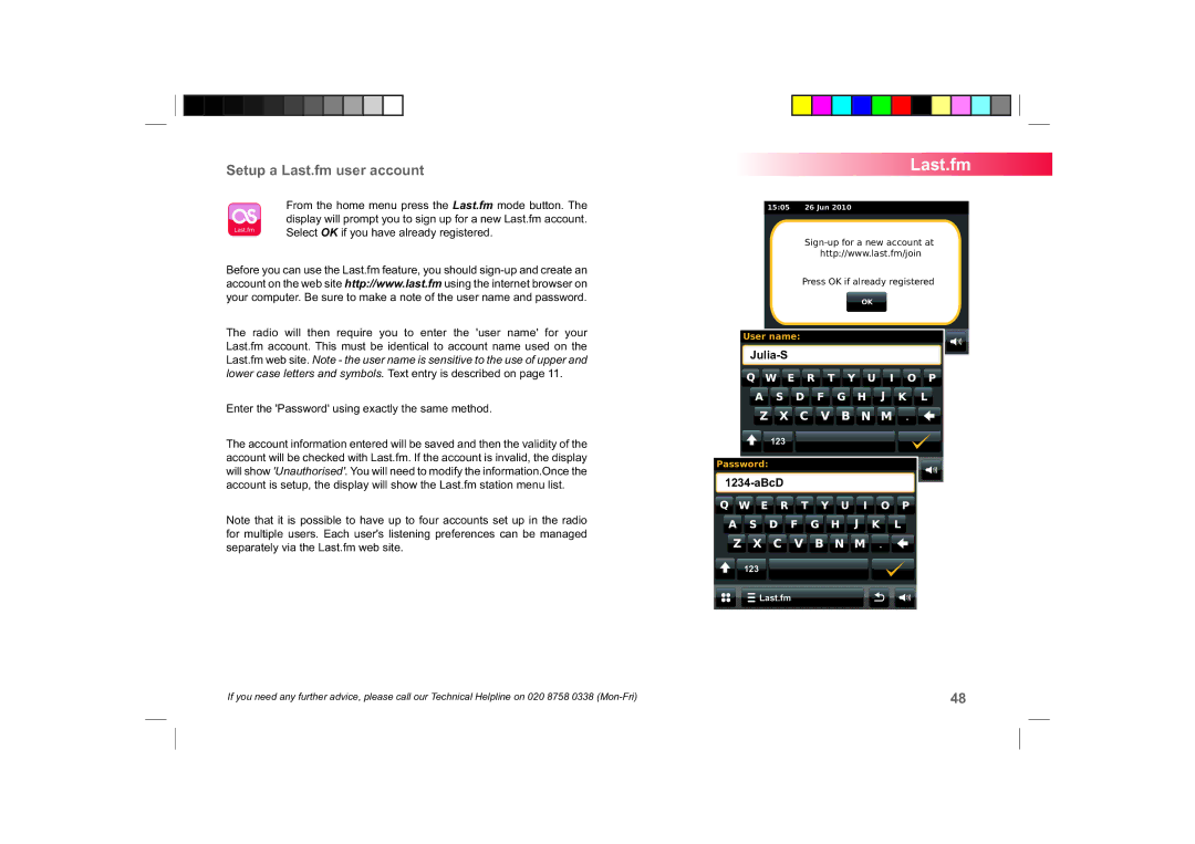 Roberts Radio ColourStream manual Setup a Last.fm user account, ABcD 