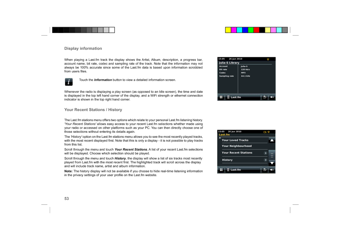 Roberts Radio ColourStream manual Display information, Your Recent Stations / History 