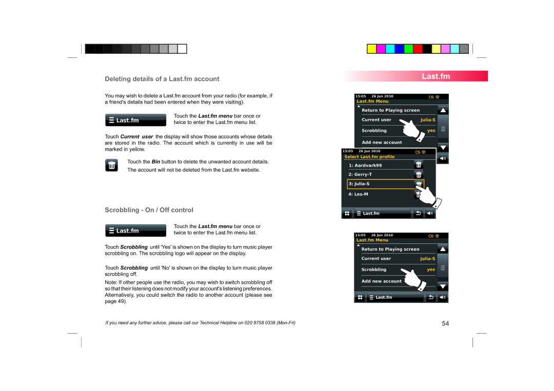 Roberts Radio ColourStream manual Deleting details of a Last.fm account, Scrobbling On / Off control 