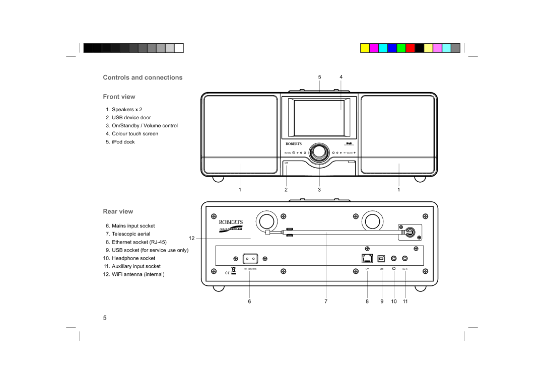 Roberts Radio ColourStream manual Controls and connections Front view, Rear view 