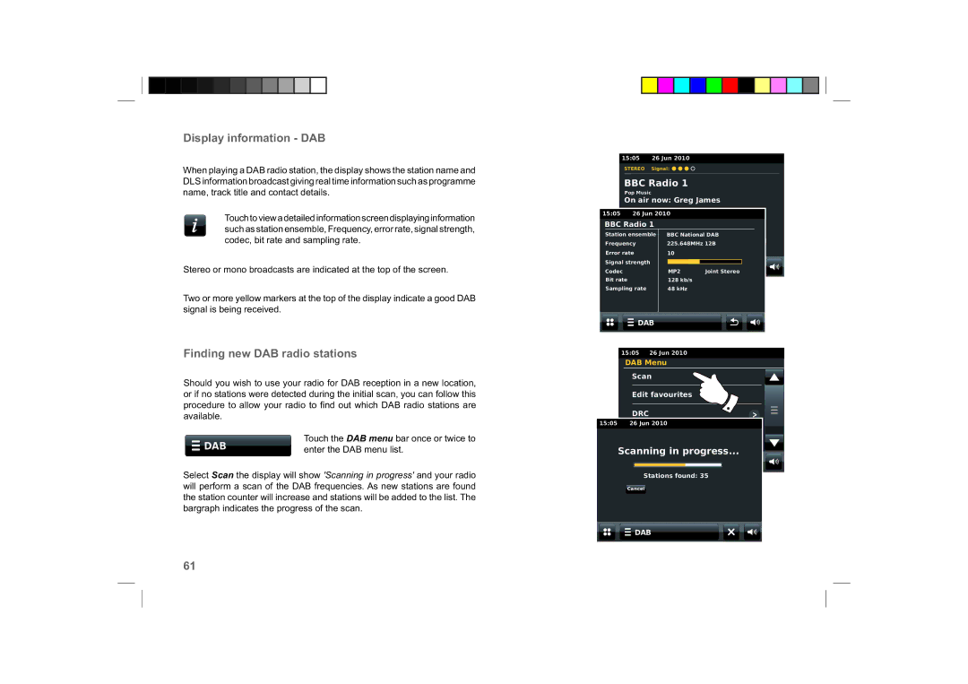 Roberts Radio ColourStream manual Display information DAB, Finding new DAB radio stations 